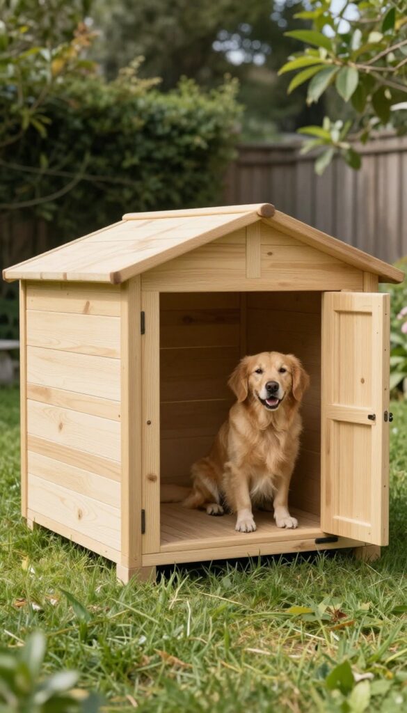 A golden retriever in a modular expandable dog house with an attached side module in a sunny backyard.