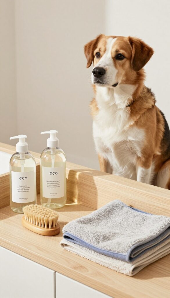 Eco-friendly dog grooming products displayed on a wooden counter in a bright grooming station, with a happy dog nearby.