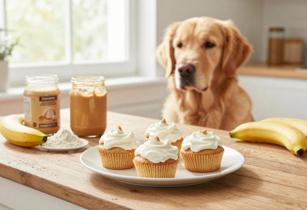 Homemade dog pupcakes on a white plate with a golden retriever waiting eagerly in a sunlit kitchen.