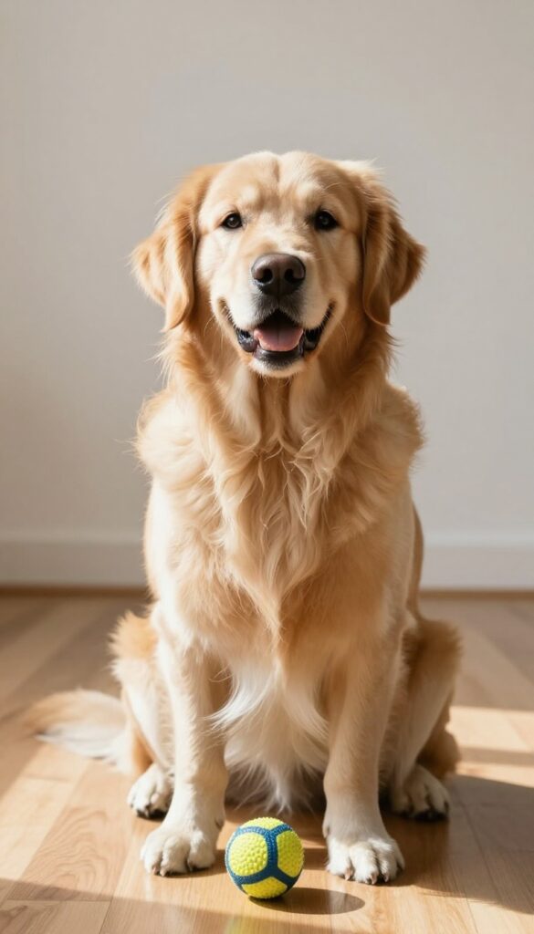 A well-groomed dog enjoying a post-grooming reward with a toy in a bright, natural setting.