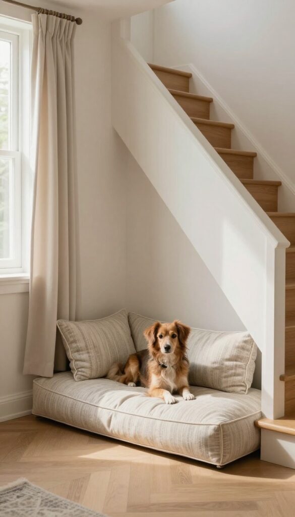 Indoor dog nook under stairs with cushion and curtain