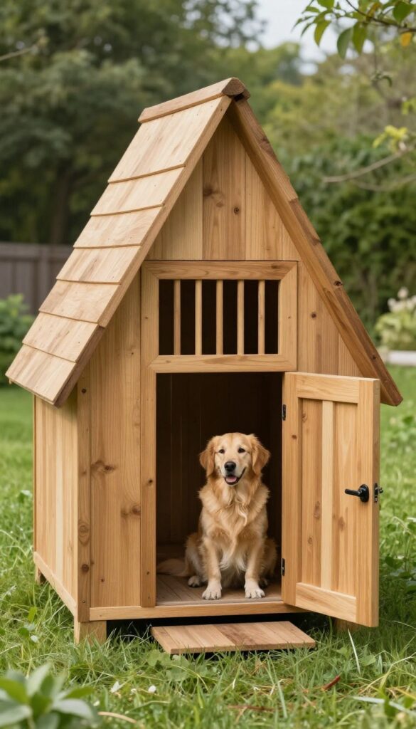 Double-door A-frame dog house for ventilation with a Golden Retriever inside