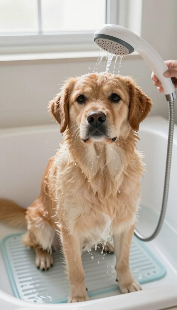 A dog being bathed with a detachable showerhead in a clean, well-lit bathroom, showcasing an easy grooming technique for beginners.
