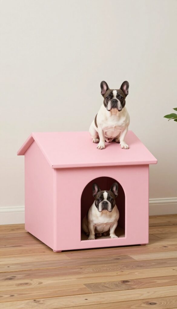 Minimalist pink cube dog house with flat roof and French Bulldog sunbathing on top
