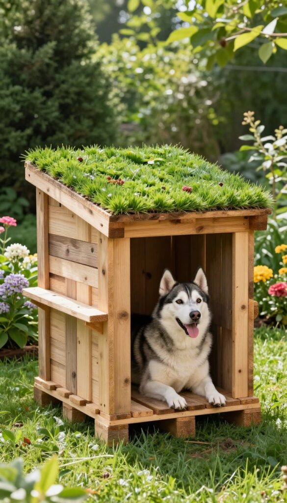 Pallet dog house with green roof in a sunny backyard