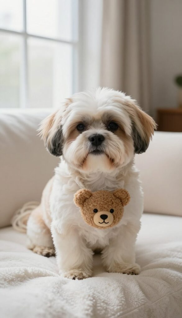 A Shih Tzu dog with a teddy bear face trim, showcasing a cuddly and friendly appearance in natural light.