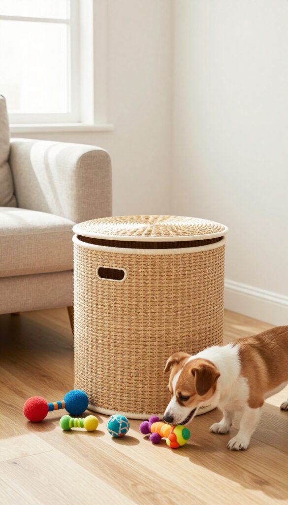 Dog toy storage bin with lid in a bright living room