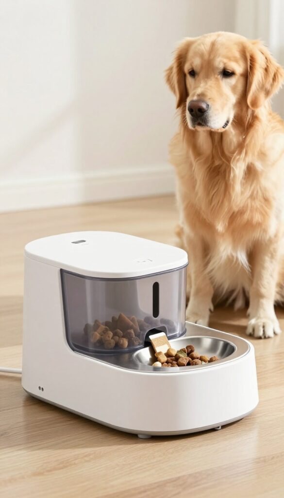A Golden Retriever attentively watching a sleek, unlabeled automatic treat dispenser on a wooden floor in a bright room, illustrating consistent feeding for dog care.