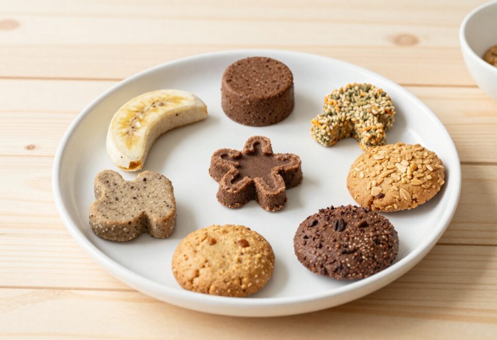 Six types of healthy homemade dog treats, including soft peanut butter banana bites and crunchy biscuits, arranged on a white plate with a dog bowl, representing recipes for routine rewards in a bright, clean blog photography style.
