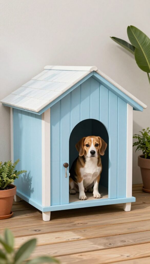 Repurposed nightstand dog house in backyard with beagle sitting inside arched doorway.