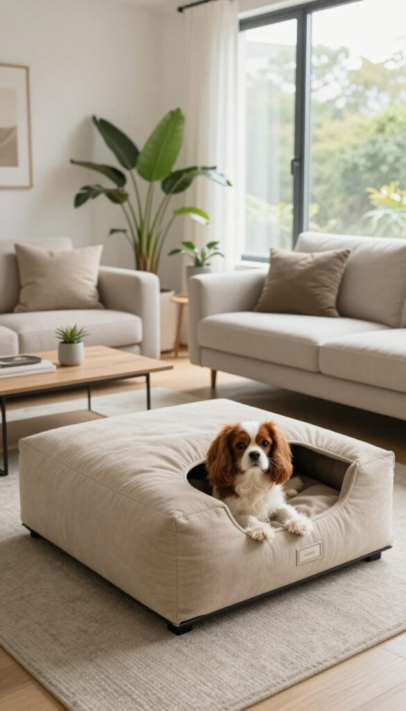 Beige ottoman dog bed with small dog peeking out in bright apartment living room