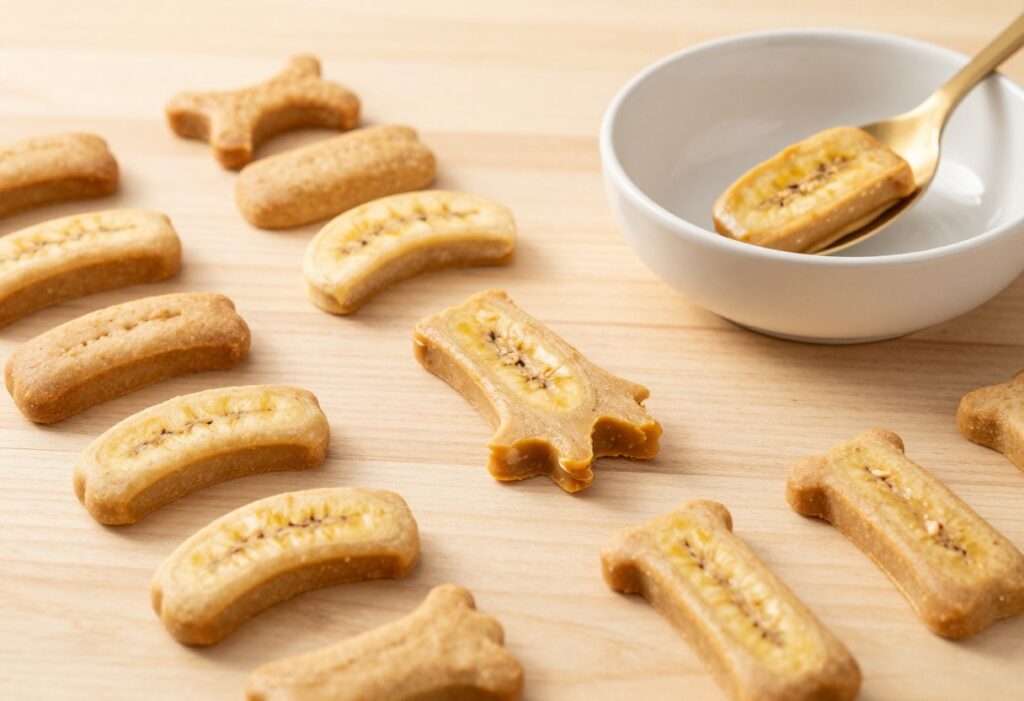 Homemade peanut butter dog treats, including soft banana bites and biscuits, arranged on a wooden surface for a dog recipe blog.