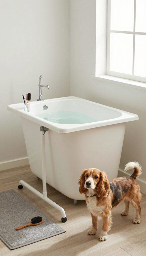A foldable dog grooming table with removable tub in use during bath time, showing a small dog on the table in a bright bathroom setting with natural light and organized grooming tools nearby.