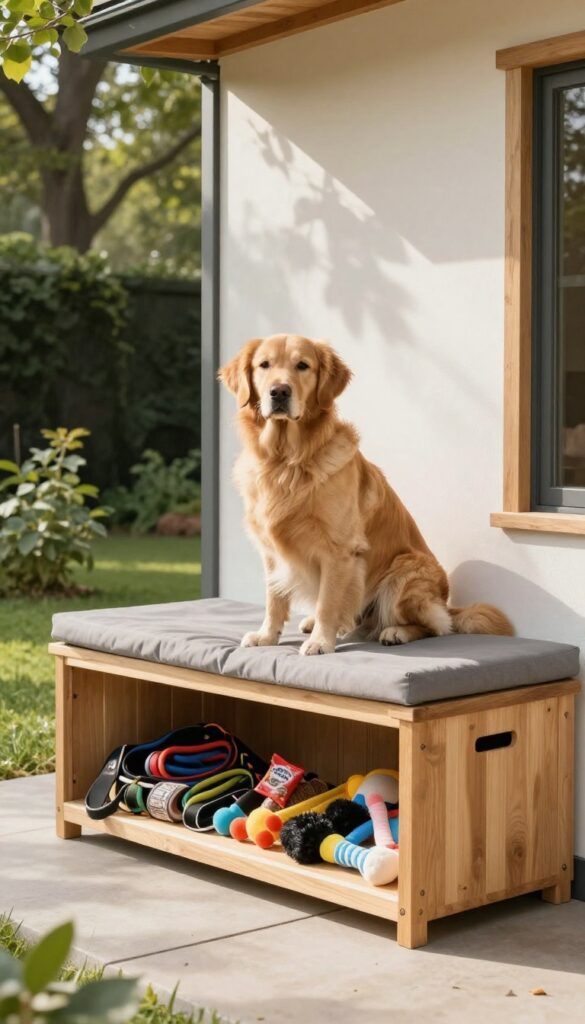 A-frame dog house with built-in storage bench and golden retriever sitting on cushioned bench