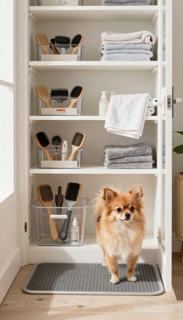 A small closet transformed into an organized grooming station for dogs, featuring shelves with supplies and a small dog on a non-slip mat in bright natural light.