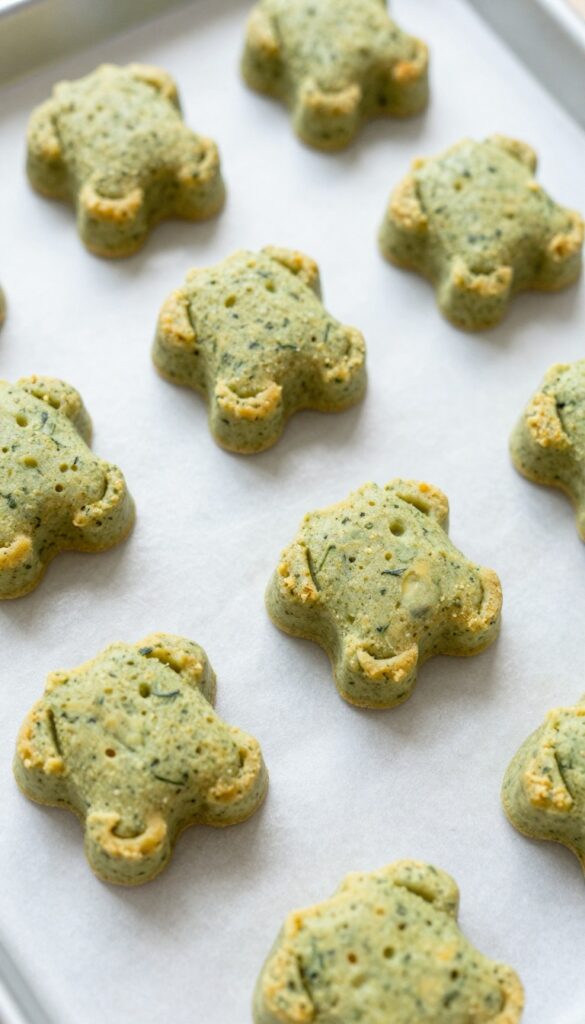 Homemade egg and spinach mini bites for dogs, baked in plain mini molds, showing soft, fluffy texture with spinach specks, on a clean tray under natural light.