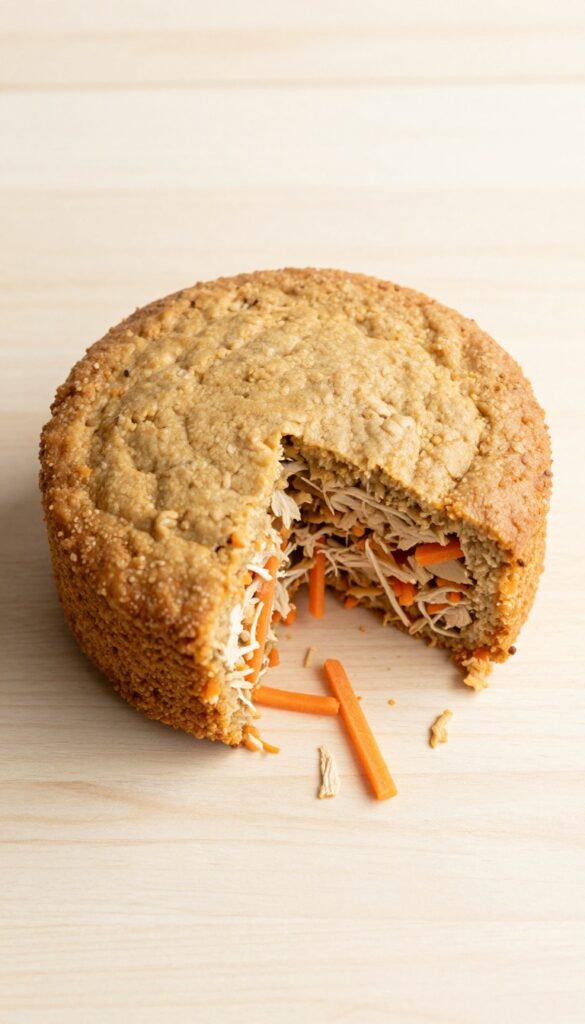 Homemade savory dog cake with chicken and carrots on a wooden board, slice removed showing texture.