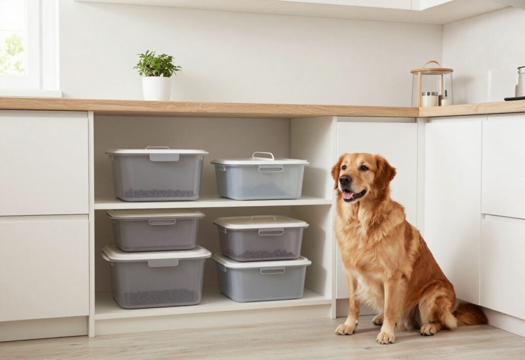 Stackable dog food containers organized on a shelf with a dog nearby in a tidy kitchen setting.