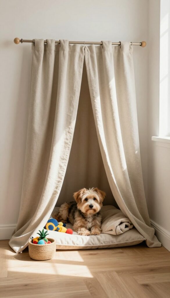 Under stairs dog nook with curtain hideaway and toy storage bins