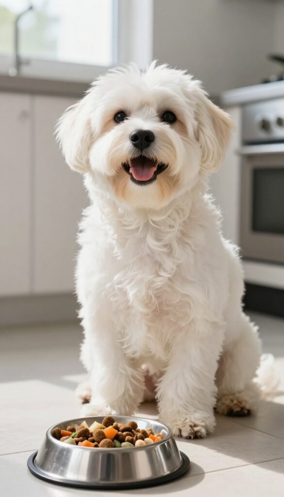 A clean-faced dog with light fur in a sunny kitchen, next to a bowl of natural dog food in a stainless steel bowl.