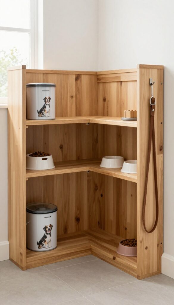 A tidy custom nook in a laundry room with dog food storage and accessories organized on shelves and hooks