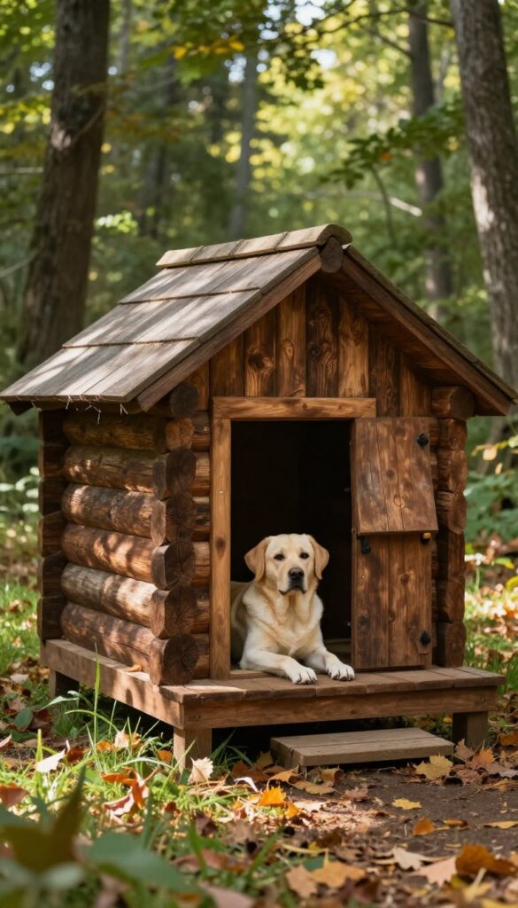 Large log cabin style dog house for big dogs in a rustic backyard