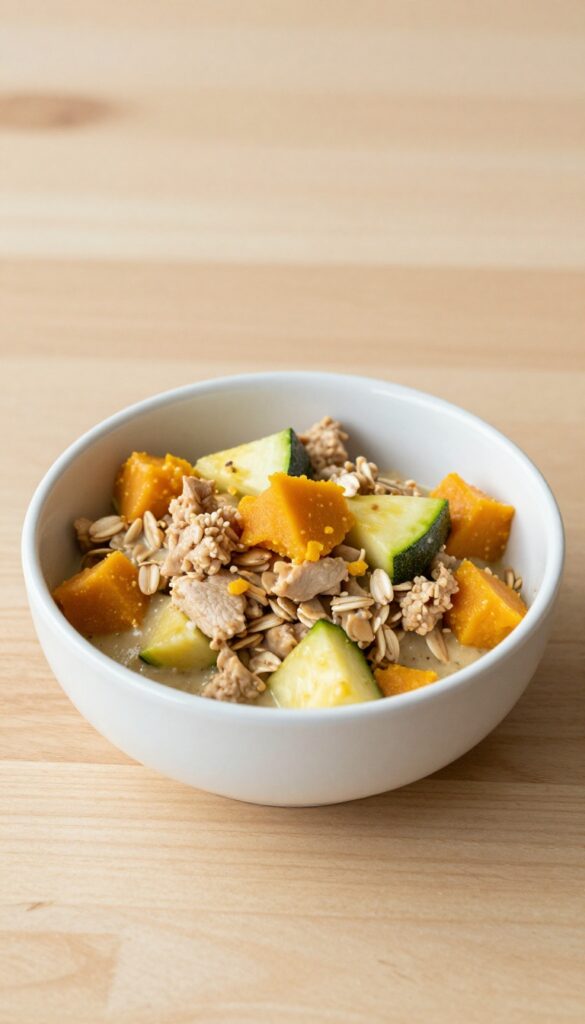 A homemade dog meal with turkey, pumpkin, oats, and zucchini in a bowl, designed for easy digestion and gentle feeding.