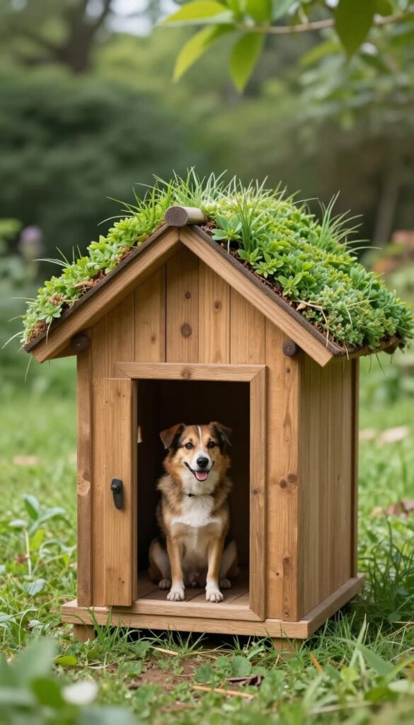 Dog house with green roof made of sedum and grass in a sunny backyard