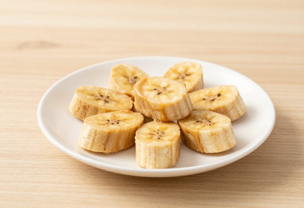 Homemade organic dog treats, soft peanut butter banana bites, on a white plate with wooden background, representing simple whole food recipes for dogs.
