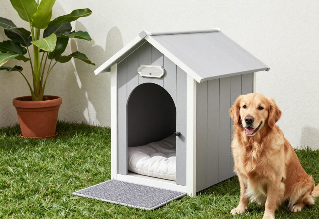 A stylish dog house with a washable mat, elevated bed, and nameplate in a sunny backyard with a golden retriever.