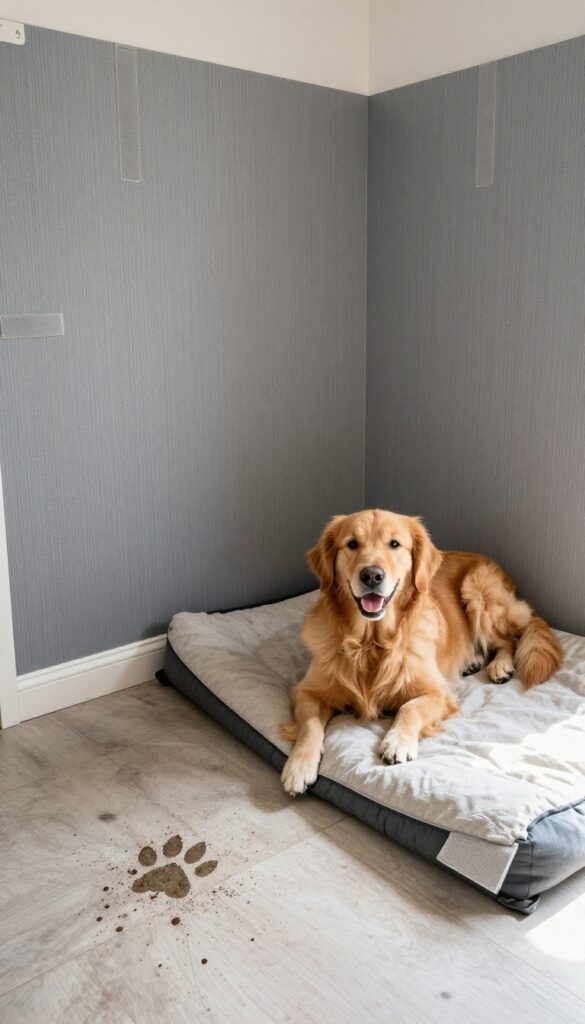 Dog house interior with washable vinyl wall liner and a clean golden retriever resting nearby