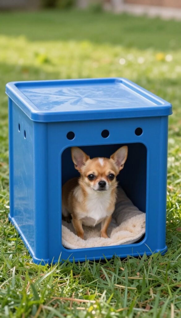 Small dog peeking from repurposed plastic storage bin dog house on grass in sunny backyard