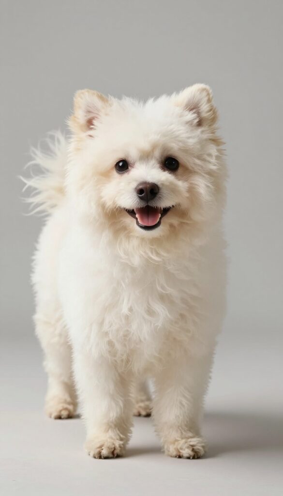 A Maltipoo dog with a fluffy tail pom-pom haircut in bright natural light, showcasing a cheerful and easy-to-maintain grooming style for dog owners.