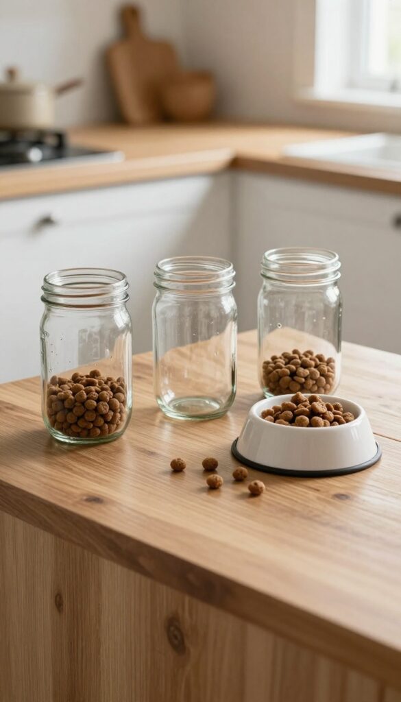 A photorealistic image of mason jars and a glass container used for storing dog food portions on a rustic kitchen counter, with a dog bowl and treats nearby, showcasing a practical and charming storage idea.