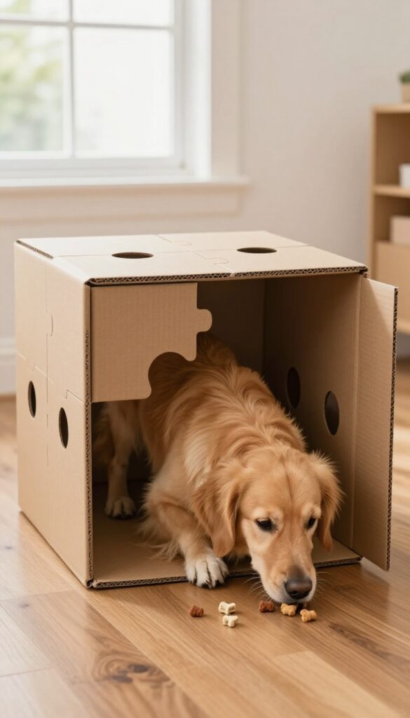 A dog interacting with a cardboard puzzle house that has flaps and holes for treats