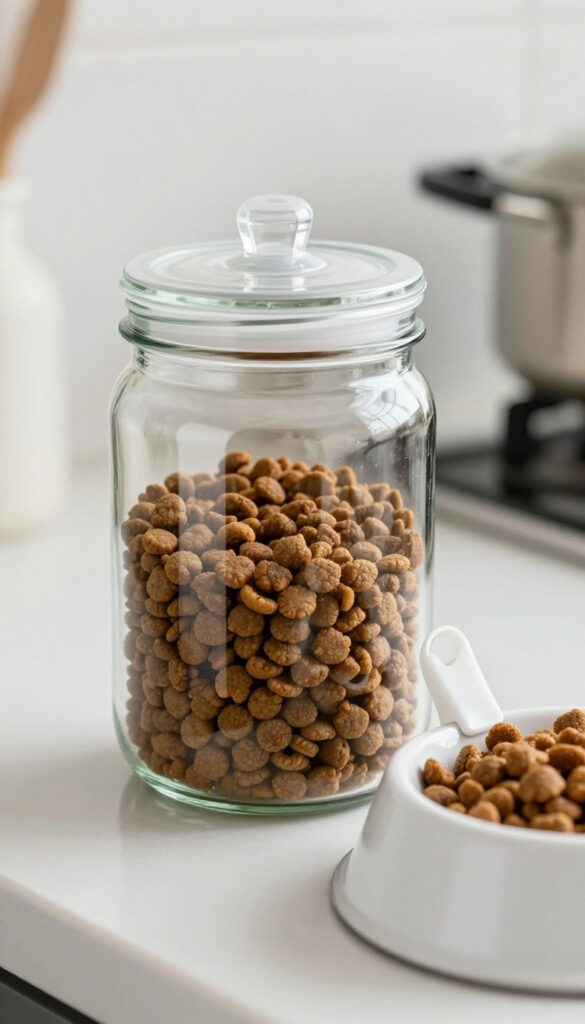 A clear glass jar converted into a DIY dog food dispenser with a plastic lid and spout, filled with kibble and placed on a kitchen counter next to a dog bowl in natural light.