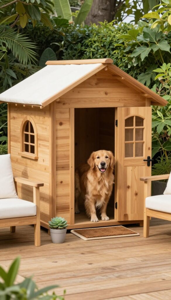Custom dog house matching outdoor furniture on deck