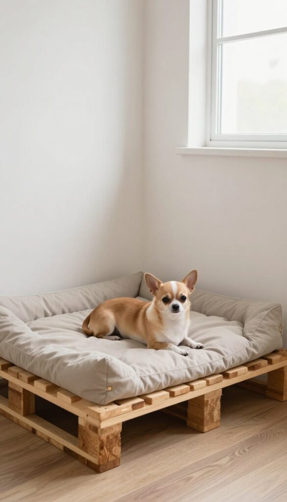 Pallet dog bed with built-in side rails for small dogs, cozy indoor pet corner