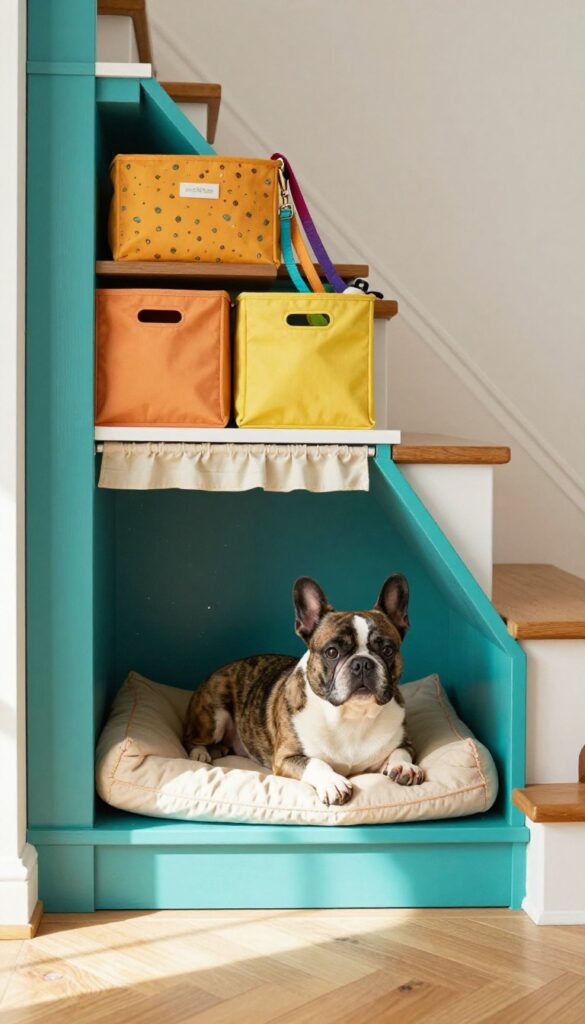 A repurposed bookshelf turned into a two-story dog den under stairs with storage bins above and cozy bed below.