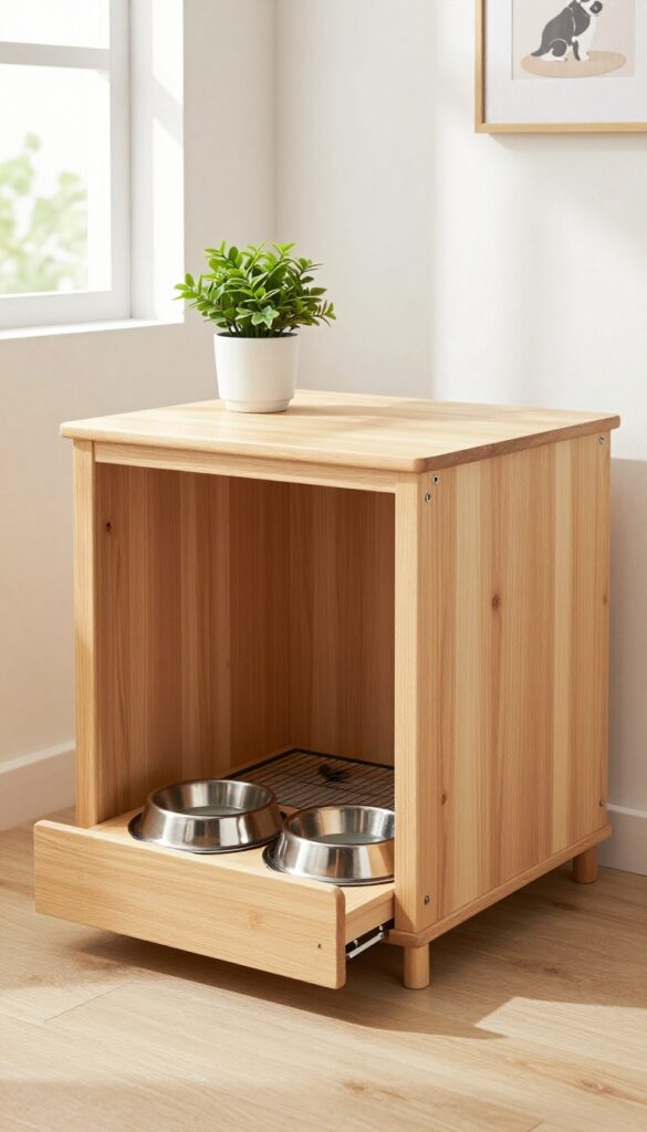 Wooden dog crate with built-in feeding station featuring pull-out drawer with stainless steel bowls, placed in bright living room.