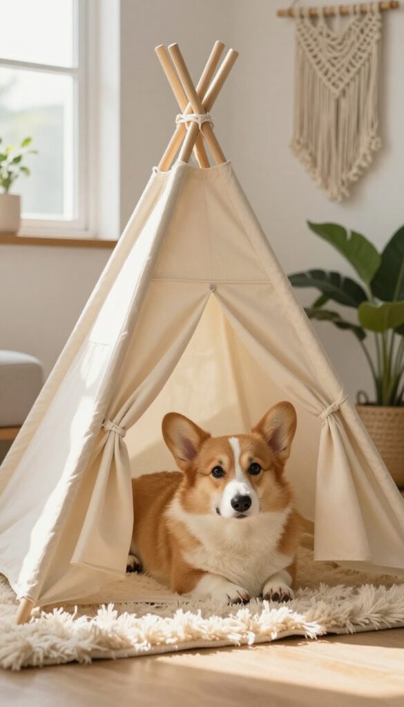Corgi sleeping in a teepee-style dog tent in a cozy boho living room
