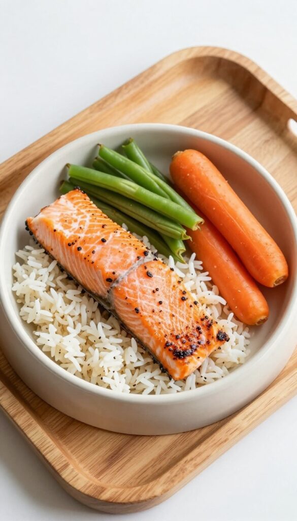 A homemade dog food bowl with salmon, rice, green beans, and carrots, showcasing a nutritious and easy-to-prepare meal for dogs with dry coats or low energy.
