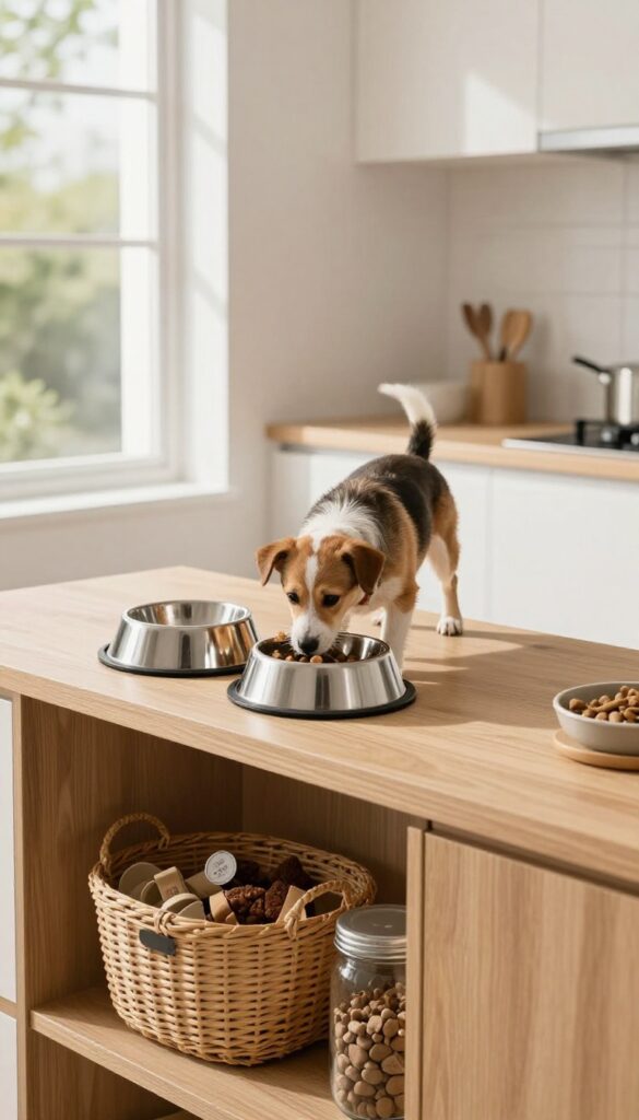 Designer dog feeding station with raised bowls and hidden storage