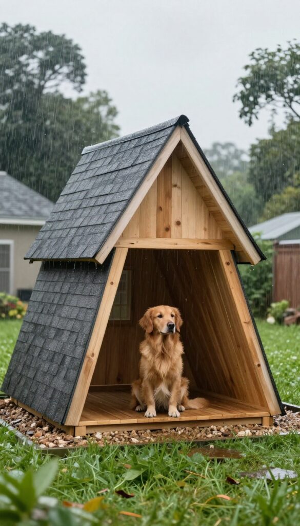 A-frame dog house with overhang in a rainy backyard, golden retriever sitting dry underneath