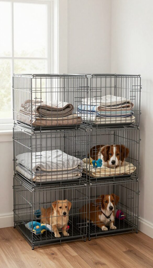 Stackable dog crates in a small apartment, showing secure interlocking design with soft mat inside top crate and storage in bottom crate, using natural light to highlight organization and space-saving.