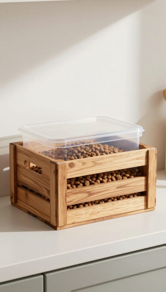 A wooden crate with an airtight insert storing dog food in a rustic kitchen setting