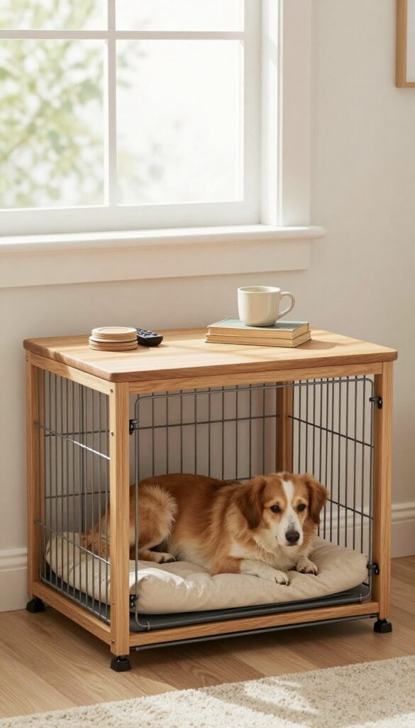 Dog crate with wooden top serving as side table, dog resting inside