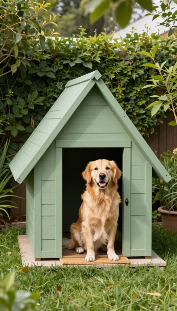 Mid-century A-frame dog house with slanted sides and a Golden Retriever inside
