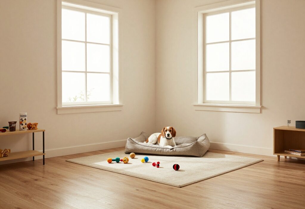 Cozy dog corner with bed and toys in a small living room