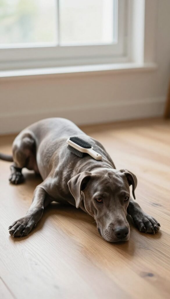A dog with a smooth, short coat resting on a wooden floor with a plain brush on its back, illustrating coat type considerations for grooming.
